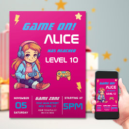 ゲーマーガールピンクビデオゲーム誕生日 招待状