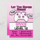 ゲーマーガールピンクホワイトコントローラー12誕生日 招待状 (正面/裏面)