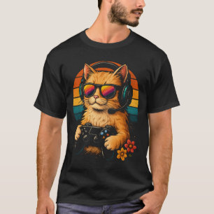ゲーマーキャット – レトロスタイルヘッドフォン&コントローラー Tシャツ