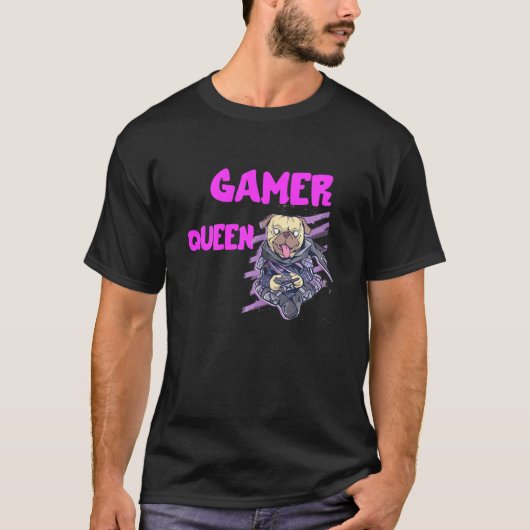 ゲーマークイーンコンソールゲームPug Dog Pcビデオゲーム Tシャツ (正面)