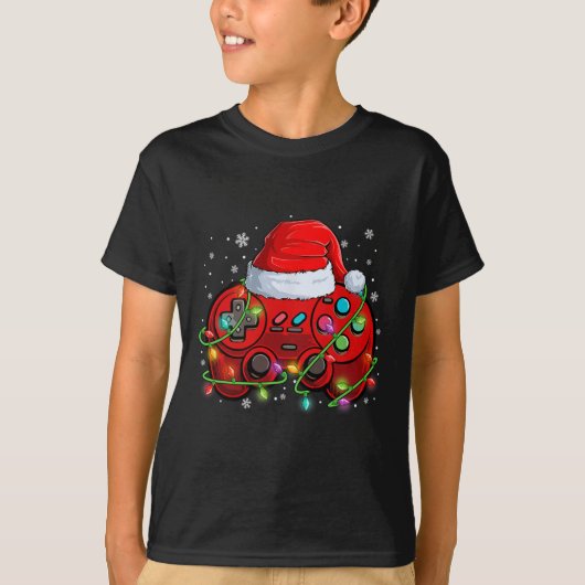 ゲーマークリスマスビデオゲームサンタハットライトゲーム Tシャツ (正面)