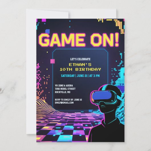 ゲーマークールパーティーグリッチテーマVR誕生日 招待状 (正面)