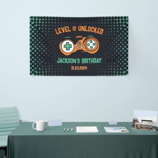 ゲーマーゲームレベルのロック解除された少年の誕生日パーティー 横断幕 (トレードショー)