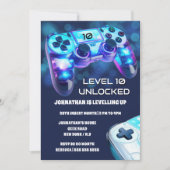 ゲーマーコンソールのネオンライト少年ゲームパーティー 招待状 (正面)