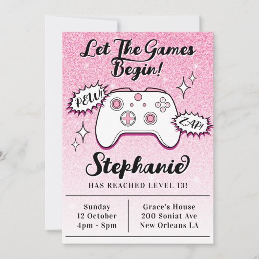 ゲーマーコントローガーリーラーピンクグリッター13誕生日 招待状 (正面)