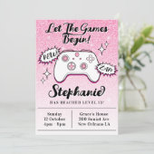 ゲーマーコントローガーリーラーピンクグリッター13誕生日 招待状 (スタンド正面)