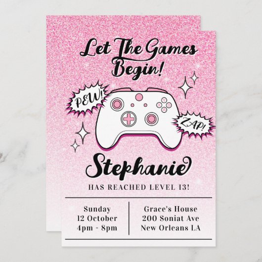 ゲーマーコントローガーリーラーピンクグリッター13誕生日 招待状 (正面/裏面)