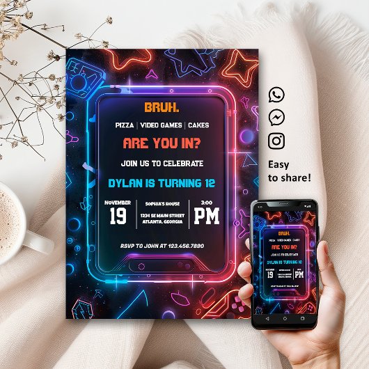 ゲーマーネオンバースデーパーティーデジタル招待状 招待状