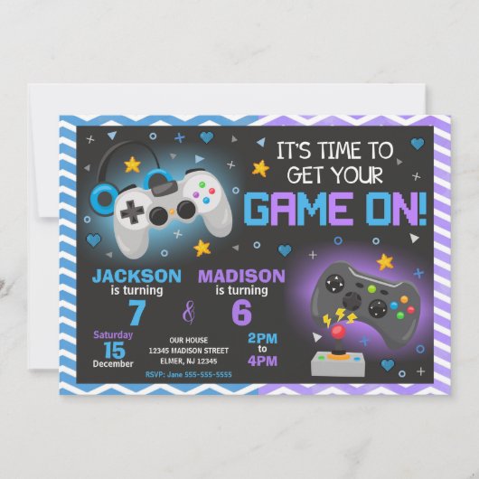 ゲーマーパーティー用合同ビデオゲーム誕生日招待状 招待状 (正面)