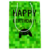 ゲーマーピクセル（緑） |誕生日カスタムパーティー ミディアムペーパーバッグ (正面)