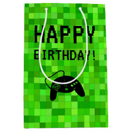 ゲーマーピクセル（緑） |誕生日カスタムパーティー ミディアムペーパーバッグ