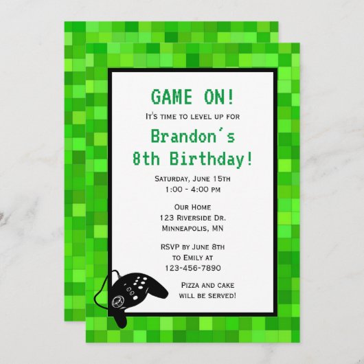 ゲーマーピクセル（緑） |誕生日カスタムパーティー 招待状 (正面/裏面)
