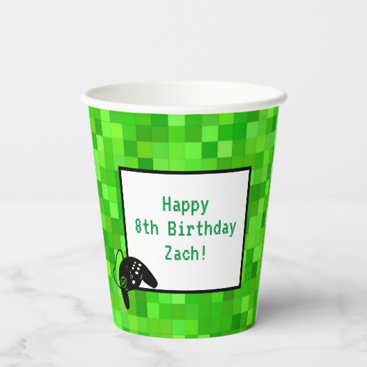 ゲーマーピクセル(緑) |誕生日カスタムパーティー 紙コップ (裏面)