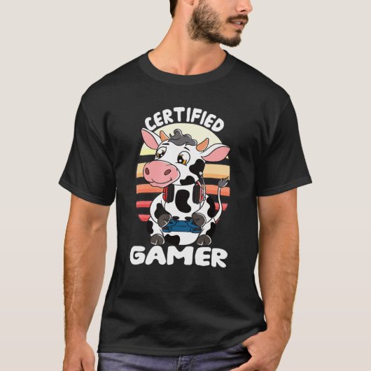 ゲーマーヘッドセットをした牛 認定ゲーマー牛 Tシャツ (正面)