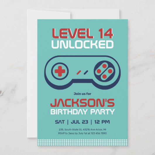 ゲーマーボーイレベルのアンロックされたビデオゲーム誕生日 招待状 (正面)