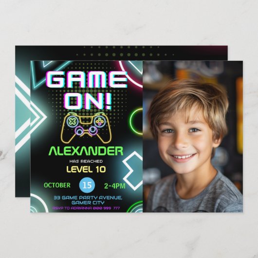 ゲーマーボーイ10thネオンゲーム誕生日写真 招待状 (正面/裏面)