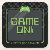 ゲーマーモダンコンクールトローラおもしろい黒グリーン スクエアペーパーコースター (正面)