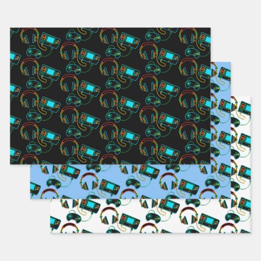 ゲーマーレトロネオンパターン ラッピングペーパーシート (セット)