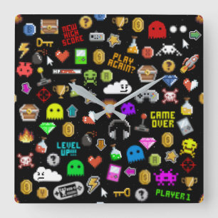 ゲーマーレトロピクセルビデオゲームアイコン スクエア壁時計