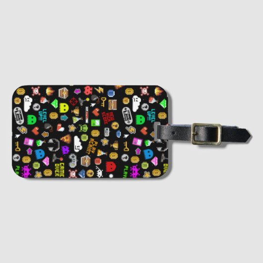 ゲーマーレトロピクセルビデオゲームアイコン ラゲッジタグ (正面横)