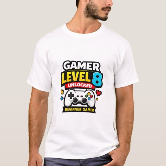 ゲーマーレベル8アンロック初心者コントローラーユーモア Tシャツ (正面)