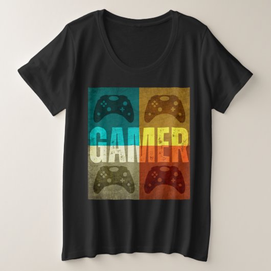 ゲーマーヴィンテージビデオゲーム制御装置 プラスサイズTシャツ (デザイン正面)