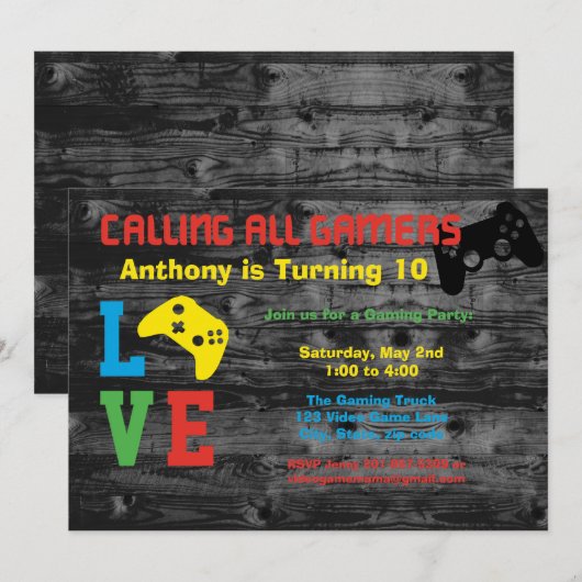 ゲーマー全員集合！誕生日パーティーの招待状 招待状 (正面/裏面)