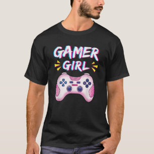 ゲーマー女の子かわいいピンクのコントローラーのビデオゲームガール Tシャツ