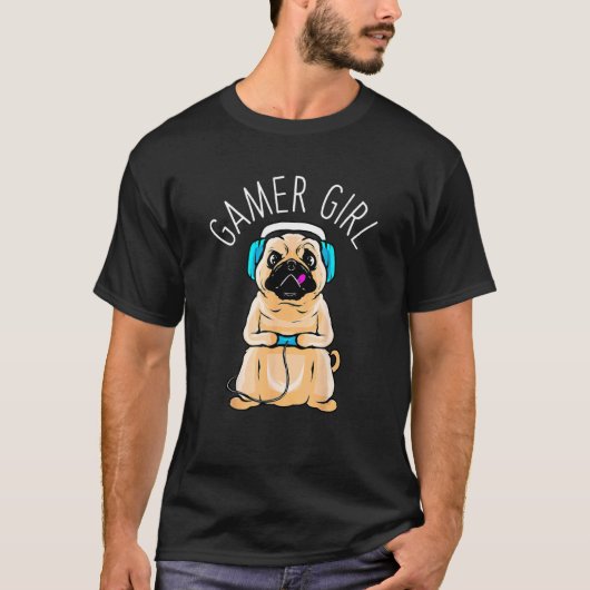 ゲーマー女の子の犬ゲーミングパグ犬かわいいビデオゲームホーム Tシャツ (正面)