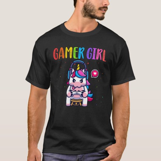 ゲーマー女の子ユニコーンゲームかわいいビデオゲーム Tシャツ (正面)