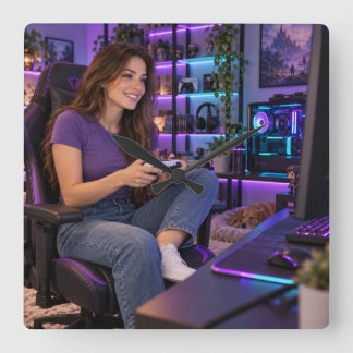 ゲーマー女性紫のゲームルーム スクエア壁時計