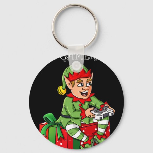 ゲーマー小妖精や小人おもしろいクリスマスボーイズ子供たち十代ゲーム キーホルダー (正面)