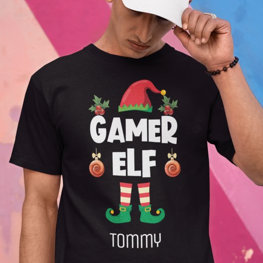 ゲーマー小妖精や小人おもしろい皮肉なクリスマス家族の衣装の名前 Tシャツ