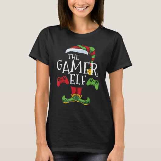 ゲーマー小妖精や小人ファミリーマッチングクリスマス Tシャツ (正面)