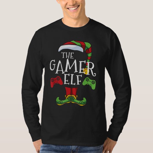 ゲーマー小妖精や小人ファミリーマッチングクリスマス Tシャツ (正面)