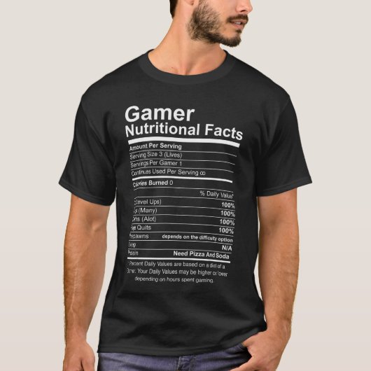 ゲーマー栄養成分表示 クールゲーマー ビデオゲーム おもしろ Tシャツ (正面)