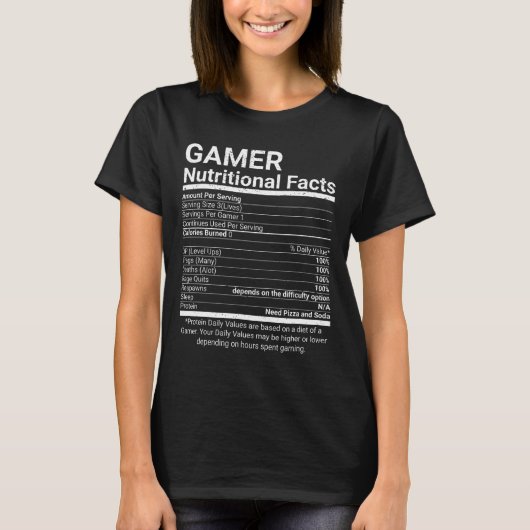 ゲーマー栄養成分表　テレビゲーム　コンピューター　オタク Tシャツ (正面)