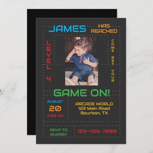 ゲーマー次レベル誕生日招待状と写真 招待状 (正面/裏面)