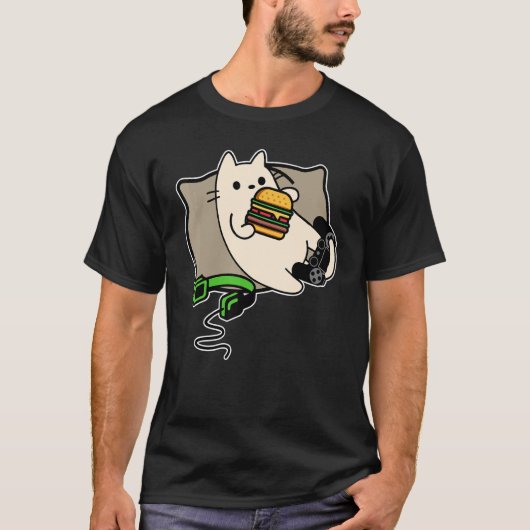 ゲーマー猫がハンバーガーを食べるゲームの読み込み中 Tシャツ (正面)