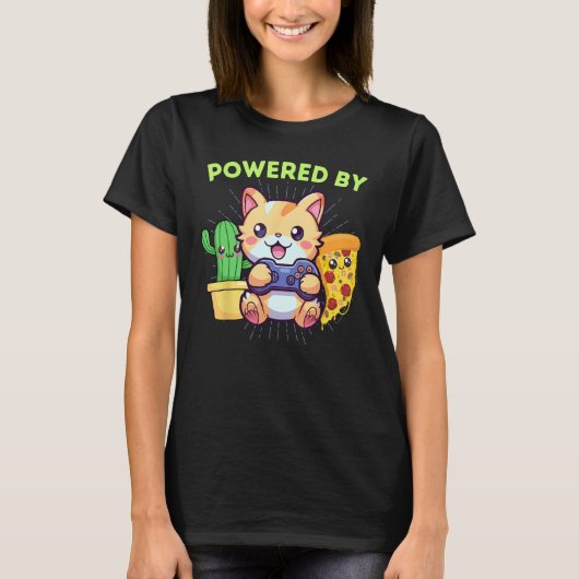 ゲーマー猫がピザを栽培中 ギャーミングパワー Funny Tシャツ (正面)