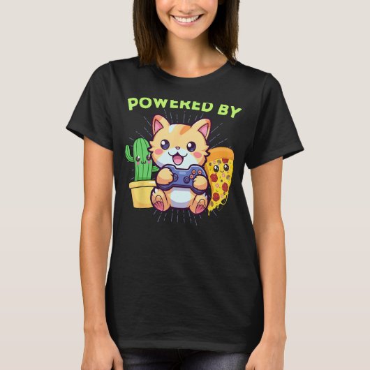 ゲーマー猫がピザを育てる 笑えるゲーミングデザイン Tシャツ (正面)