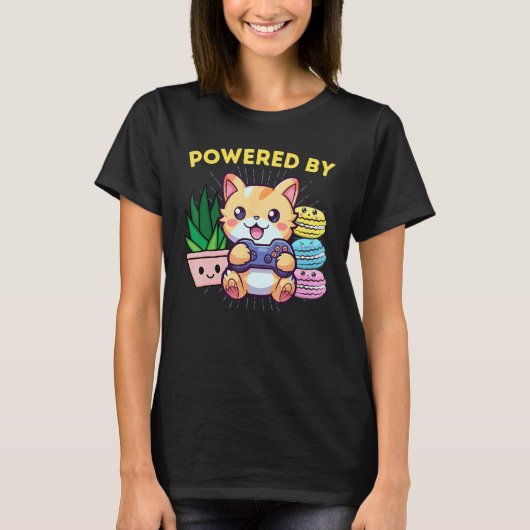 ゲーマー猫にパワーをもらった面白いマカロン Tシャツ (正面)