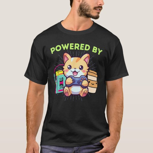 ゲーマー猫のゲーム力で動く コーヒーと80年代 Tシャツ (正面)