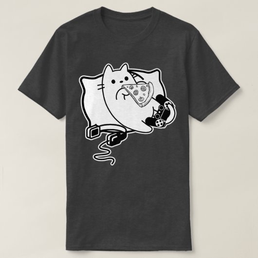 ゲーマー猫ガールボーイのフィッシングピザ、ヘッドセット、パッド Tシャツ (デザイン正面)