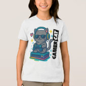 ゲーマー猫クール – ヘッドフォン付き猫とゲームコントロール トライブレンドＴシャツ (正面)