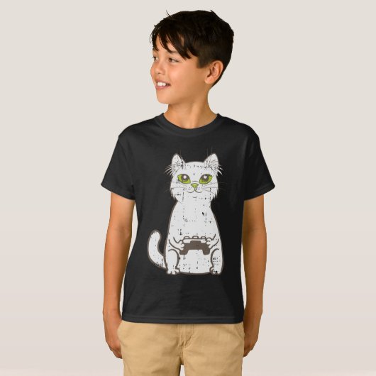 ゲーマー猫ビデオゲームコントローラかわいいゲームギークG Tシャツ (正面フル)