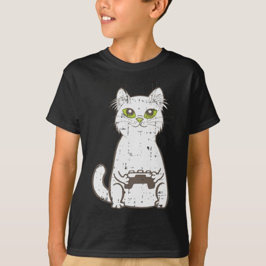 ゲーマー猫ビデオゲームコントローラかわいいゲームギークG Tシャツ (正面)
