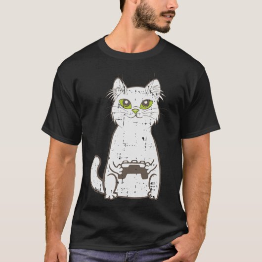 ゲーマー猫ビデオゲームコントローラかわいいゲームギークG Tシャツ (正面)