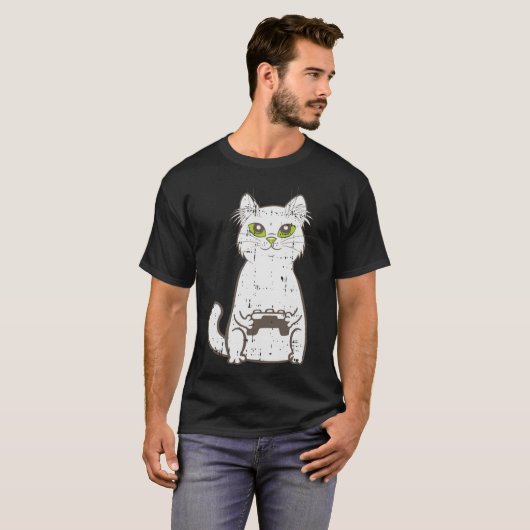 ゲーマー猫ビデオゲームコントローラかわいいゲームギークG Tシャツ (正面フル)