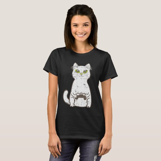 ゲーマー猫ビデオゲームコントローラかわいいゲームギークG Tシャツ (正面フル)